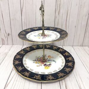 Vintage A-I Czech Republic Design 2 Tier Porcelain Serving Stand Cobalt Floral
